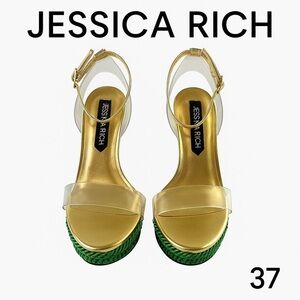 Jessica Rich Gold & Green Platform Heels – Clear Strap Stiletto – Size 37 (US 7)